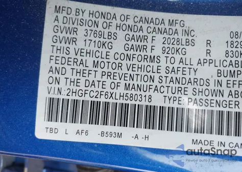 2020 Honda Civic Lx from USA, damaged, VIN 2HGFC2F6XLH580318